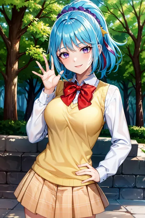 (8k, best quality, masterpiece:1.2), (finely detailed),anime coloring,kurumu,official style, 1girl, blue hair, purple eyes, solo,rocky grassfields,looking at viewer,upper body, yellow sweater vest, white shirt, ((red bow:1.2)), (green plaid skirt),smile,waving,hand on hip,purple headdress, star \(symbol\),long sleeves,ponytail,short hair, outdoors, nature, (purple ribbon:1.1)