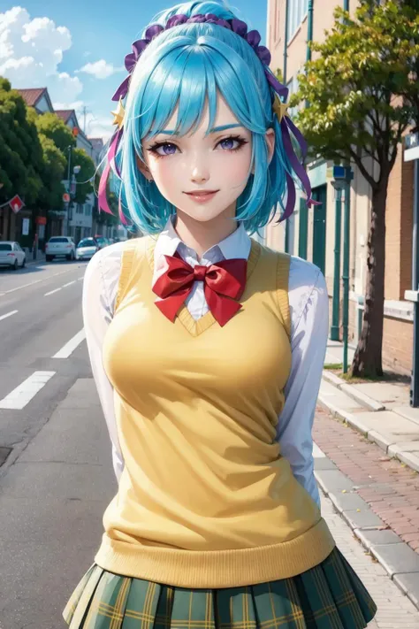 (8k, best quality, masterpiece:1.2), (finely detailed),kurumu,official style,anime coloring, 1girl,solo,upper body, blue hair, school uniform, red bow,yellow sleeveless sweater vest,ponytail, purple headdress, short hair,star \(symbol\), purple eyes, smile, medium breasts, arms behind back, school, street outdoors,green plaid skirt,purple ribbons
