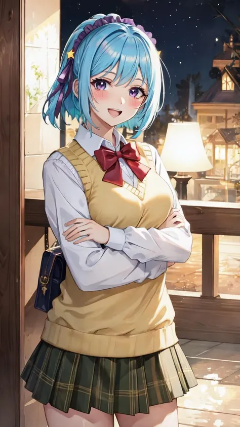 lumen reflections, natural lighting, evocative, triadic color scheme, cowboy shot, elegant, voluptuous:0.6, looking at viewer, 1girl, female, solo, blush, open mouth, smile, teeth, sfw, <lora:kurumu_v0_3_dadap:1>, kurumu, purple eyes, blue hair, short hair, ponytail, (yellow sweater vest), white shirt, green plaid skirt, red bow, necktie, purple headdress, star \(symbol\), purple hair ribbon