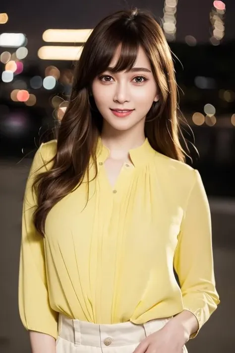 1girl,(wearing a light yellow blouse:1.2),(RAW photo, best quality), (realistic, photo-realistic:1.4), masterpiece, an extremely delicate and beautiful, extremely detailed, 2k wallpaper, Amazing, finely detail, extremely detailed CG unity 8k wallpaper, ultra-detailed, highres, soft light, beautiful detailed girl, extremely detailed eyes and face, beautiful detailed nose, beautiful detailed eyes,cinematic lighting,city lights at night,perfect anatomy,slender body,smiling <lora:hsyanhsiaochi_lora:0.7>