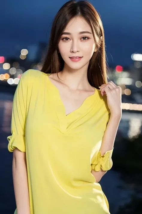 1girl,(wearing a light yellow blouse:1.2),(RAW photo, best quality), (realistic, photo-realistic:1.4), masterpiece, an extremely delicate and beautiful, extremely detailed, 2k wallpaper, Amazing, finely detail, extremely detailed CG unity 8k wallpaper, ultra-detailed, highres, soft light, beautiful detailed girl, extremely detailed eyes and face, beautiful detailed nose, beautiful detailed eyes,cinematic lighting,city lights at night,perfect anatomy,slender body,smiling  <lora:hsyanhsiaochi_lora:0.7>