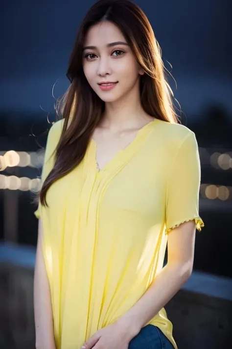 1girl,(wearing a light yellow blouse:1.2),(RAW photo, best quality), (realistic, photo-realistic:1.4), masterpiece, an extremely delicate and beautiful, extremely detailed, 2k wallpaper, Amazing, finely detail, extremely detailed CG unity 8k wallpaper, ultra-detailed, highres, soft light, beautiful detailed girl, extremely detailed eyes and face, beautiful detailed nose, beautiful detailed eyes,cinematic lighting,city lights at night,perfect anatomy,slender body,smiling  <lora:hsyanhsiaochi_lora:0.7>
