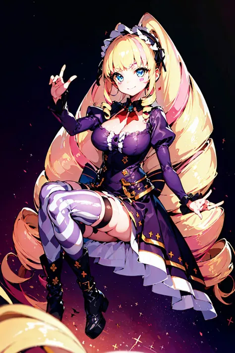 <lora:dwuV015:0.9>,(dwu:1.5),(masterpiece, top quality, best quality, official art:1.2),
1girl, solo,fullbody,
blue eyes,(facial mark:1.5),Teasing smiley eyes,
(big drill twin hair:1.5),drill sidelocks,multicolored hair,multicolored bangs,blonde and pink hair,frilled hairband,
cleavage,big tits,
purple dress,sleeves,frill,boots,Asymmetrical thighhighs,white and purple pattern thighhighs,a belt on the thighhigh,