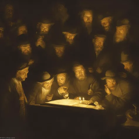 An illustration in the style of Rembrandt of a baroque scene of a candlelit chamber where scholars study ancient scrolls with their expressions illuminated by the soft glow