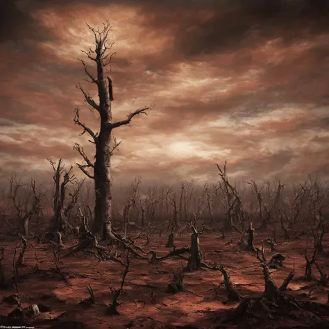 Amidst a vast and desolate wasteland, the remnants of a world that once thrived are evident. The sky, painted in haunting hues of sepia and deep russet, casts a mournful glow upon the landscape below, where skeletal trees devoid of foliage reach upwards as if in a silent plea to the heavens.