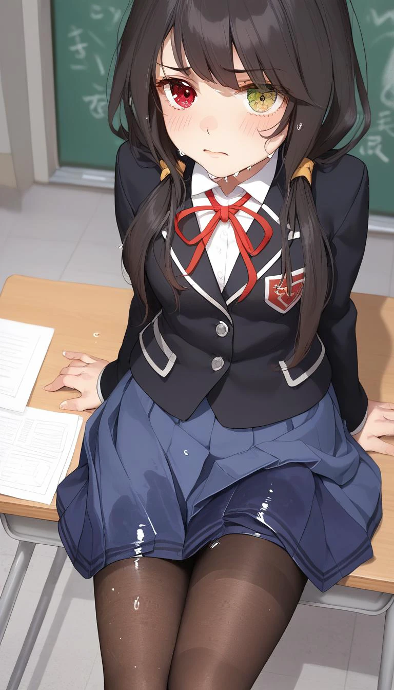 score_9,score_8_up,score_7_up,source_anime,<lora:Pony-人ç©-约æ-æ¶å´çä¸ï¼ChameleonAIï¼:1>,1girl,solo,KurumiBase,clock eyes,red eye,yellow eye,heterochromia,black hair,
low twintails,school uniform,black jacket,blue skirt,neck ribbon,black pantyhose,<lora:WettingPony:1>,wetting skirt,wet spot on skirt,dripping down legs,having wet herself,peed her skirt,(embarassed:0.8),blushing,sitting,classroom,wetting pantyhose,(from above:0.9)