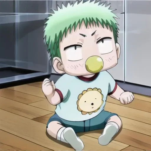 pacifier, baby, bib, green hair, aged down, solo, 1girl, short hair, child, shirt, shorts, socks, sitting <lora:beelzebub:1>
