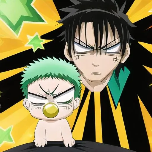 2boys,BABY, multiple boys, green hair, male focus, black hair, green eyes, star (symbol), aged down, blush, midoriya izuku, angry, anger vein <lora:beelzebub:1>