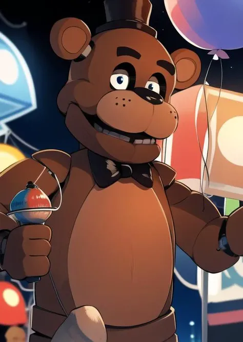 <lora:fnaf-freddy:1> freddy detailed background, holding balloons, in carnival, night time, festival, night, stretched arm, masterpiece, best quality
