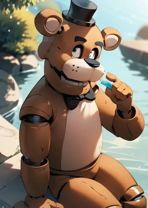 <lora:fnaf-freddy:1> freddy, sitting in italian Fondamenta, eating ice cream, river background, detailed background, masterpiece, best quality
