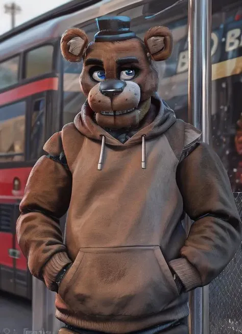 <lora:freddy:1>, Freddy Fazbear wearing hoodie, wearing hoodie, looking at viewer, Freddy, brown fur, hands in pockets
outside, detailed background, bus stop, 
  <lora:Better eyes:0.4> , detailed eyes,  <lora:Furtastic_Detailer:0.7>, detailed, good shading