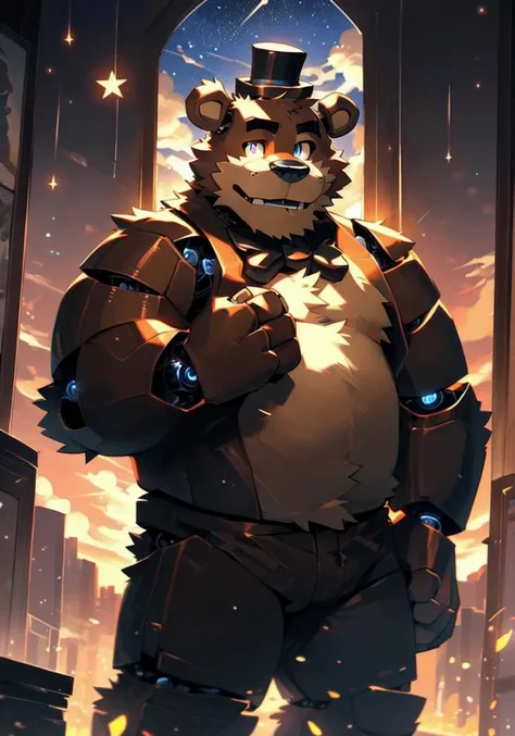 <lora:nj5furry-v2:1>, nj5furry, masterpiece, best quality, high resolution, digital painting \(artwork\), by (by canyne khai, (by takemoto arashi), by null-ghost, by kiyosan, by milkytiger1145), solo, 1male anthro, 1boy, furry, <lora:freddy_fazbear:1>, freddy fazbear, mecha, animatronic, joints, robot joints, robot, non-humanoid robot, ursid, bear, bear with brown fur, detailed fur, glowing fur, glowing body, clothed, white long sleeves shirt, red vest, black bow tie, top hat, standing on stage, beautiful eyes, detailed eyes, golden eyes, glowing eyes, glistening eyes, shadows, happy face, one eye open, one eye close, wink, winking, smile, glowing light particles, light particles, bubbles, glowing bubbles, clouds, shadows, indoors, bedroom, sunset, dusk, sunlight, sunrays, glowing, stars, shooting stars, sky, clouds, detailed clouds, lens reflections.