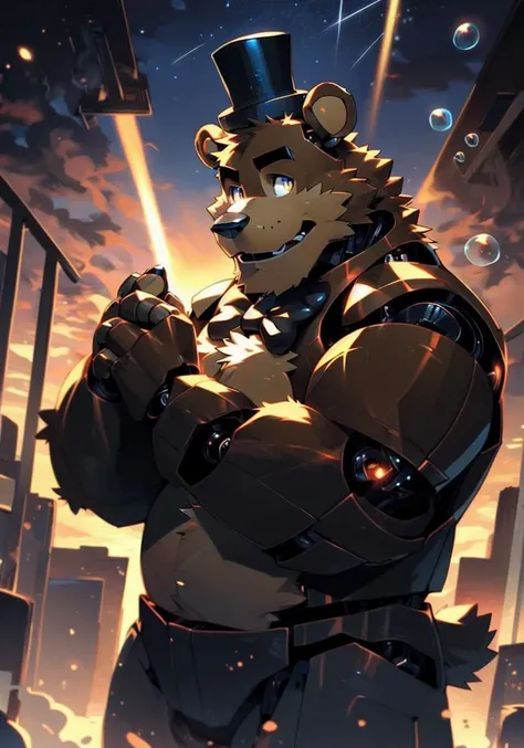 <lora:nj5furry-v2:1>, nj5furry, masterpiece, best quality, high resolution, digital painting \(artwork\), by (by canyne khai, (by takemoto arashi), by null-ghost, by kiyosan, by milkytiger1145), solo, 1male anthro, 1boy, furry, <lora:freddy_fazbear:1>, freddy fazbear, mecha, animatronic, joints, robot joints, robot, non-humanoid robot, ursid, bear, bear with brown fur, detailed fur, glowing fur, glowing body, clothed, white long sleeves shirt, red vest, black bow tie, top hat, standing on stage, beautiful eyes, detailed eyes, golden eyes, glowing eyes, glistening eyes, shadows, happy face, one eye open, one eye close, wink, winking, smile, glowing light particles, light particles, bubbles, glowing bubbles, clouds, shadows, indoors, bedroom, sunset, dusk, sunlight, sunrays, glowing, stars, shooting stars, sky, clouds, detailed clouds, lens reflections.