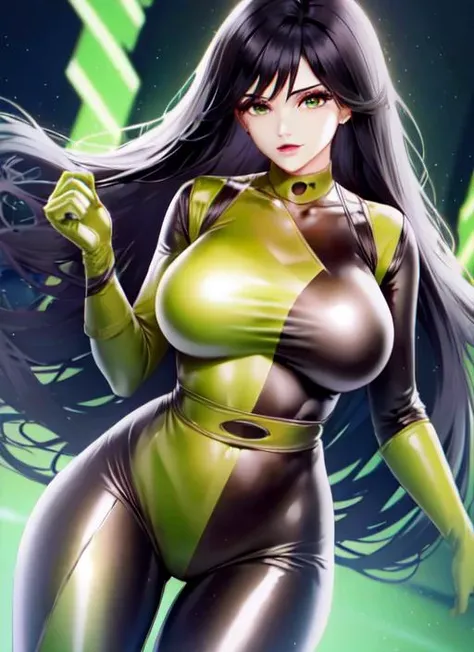 <lora:ANIME_KimPossible_shego_v1:1>, 1girl, black hair, green eyes, skin tight black+green latex bodysuit, full body, voluptuous hair, thick hair, 64K, f1.2, 800mm, UHD, dynamic lighting