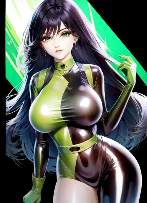 <lora:ANIME_KimPossible_shego_v1:1>, 1girl, black hair, green eyes, skin tight black+green latex bodysuit, full body, voluptuous hair, thick hair, 64K, f1.2, 800mm, UHD, dynamic lighting