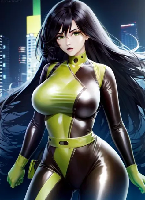 <lora:ANIME_KimPossible_shego_v1:1>, 1girl, black hair, green eyes, skin tight black+green latex bodysuit, full body, voluptuous hair, thick hair, 64K, f1.2, 800mm, UHD, dynamic lighting