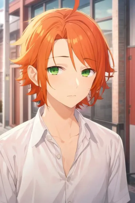 masterpiece, best quality, high quality, 1boy, solo, male focus, looking at viewer, upper body, <lora:kouichi_shindou:0.74>, kouichi_shindou, orange hair, green eyes, ahoge, , school uniform