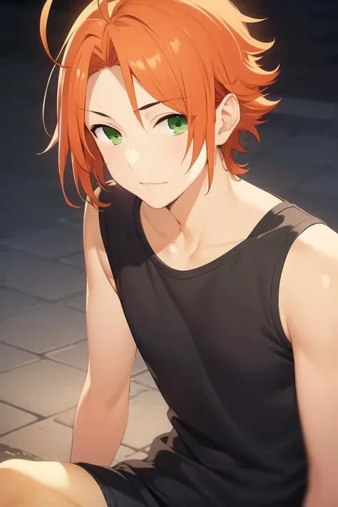 masterpiece, best quality, high quality, 1boy, solo, male focus, looking at viewer, upper body, <lora:kouichi_shindou:0.60>, kouichi_shindou, orange hair, green eyes, ahoge, realistic, tank top