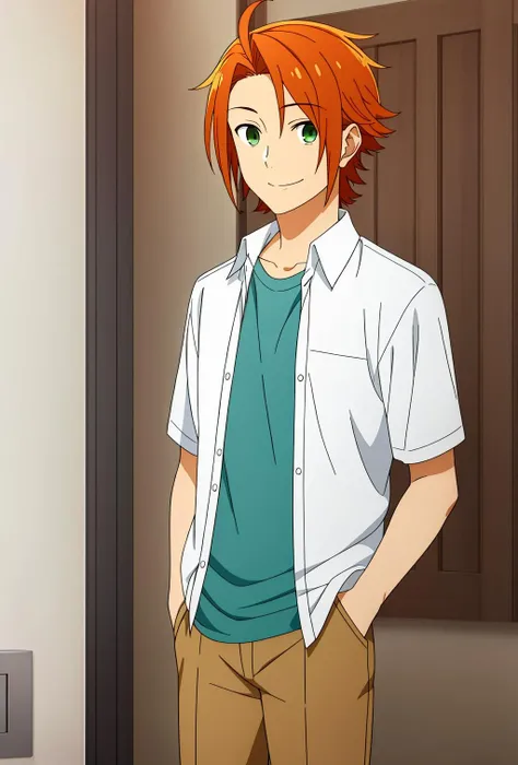 masterpiece, best quality, kouichi_shindou, 1boy, solo, standing, cowboy shot, upper body, orange hair, green eyes, light smile, dress shirt, open shirt, t-shirt, brown pants, hands in pockets,