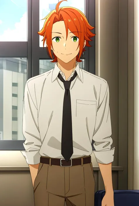 masterpiece, best quality, kouichi_shindou, 1boy, solo, standing, cowboy shot, upper body, orange hair, green eyes, light smile, dress shirt, loose black necktie, brown pants, black belt, school, classroom, window,