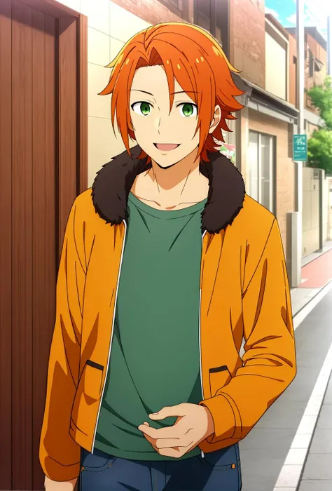 masterpiece, best quality, kouichi_shindou, 1boy, solo, standing, cowboy shot, upper body, orange hair, green eyes, light smile, jacket, fur-trimmed jacket, t-shirt, jeans,