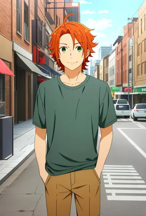 masterpiece, best quality, kouichi_shindou, 1boy, solo, standing, cowboy shot, upper body, orange hair, green eyes, light smile, dress shirt, open shirt, t-shirt, brown pants, hands in pockets, city