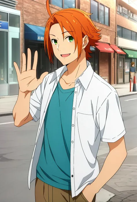 masterpiece, best quality, kouichi_shindou, 1boy, solo, standing, cowboy shot, upper body, orange hair, green eyes, light smile, dress shirt, open shirt, t-shirt, brown pants, waving, hand in pocket, city