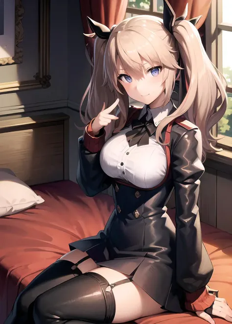 (masterpiece, best quality,extreme detailed beautiful eyes), best illumination, perfect lighting,look at viewer, (1 girl, solo,bedroom, upper body,dynamic angle),(sitting on bed:1.2), (shy, blush,shiny_eyes,face,large_breasts),<lora:sasha_lycoris_bf16:0.47>,sashanecron,hair_ribbon,twintails,high heel boots,dress, jacket,garter_straps,thigh_boots, thighhighs, zettai_ryouiki,hair_ornament,fingerless_gloves, long sleeves