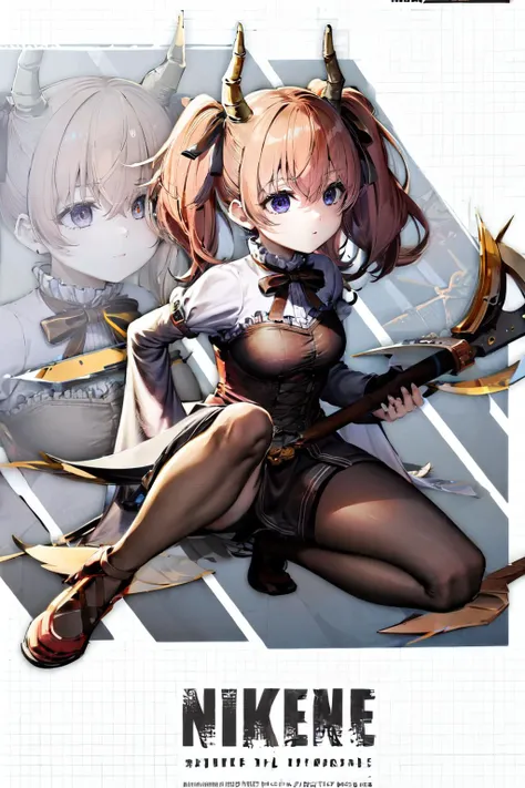 liniefrieren, 1girl, solo, long sleeves, ribbon, hair between eyes, twintails, hair ribbon, horns,brown bow, brown ribbon,<lora:linie:0.7>
,child,toddler size,
1girl, IncrsNikkeProfile, <lora:NikkeProfile:1>, full body, zoom layer, holding weapon, holding axe, one knee,