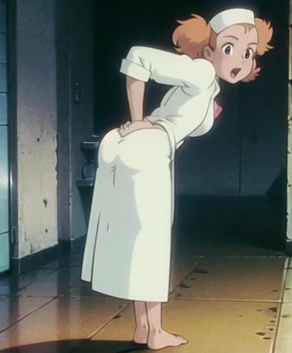 ghibli style, anime screencap, (masterpiece, best quality), ((film grain)), cinematic, full body shot of a (slender:1.2) pale-skinned nurse in (white coat:1.2) with short curly blond hair from the behind, bending down and pulling down her pants, (grabbing her own ass:1.4), seductively looking back at the viewer with her mouth partly open, in the lobby of the hospital, (surrounded by shocked patients:1.1), smooth skin, masterpiece) <lora:ghibli_style_offset:1>