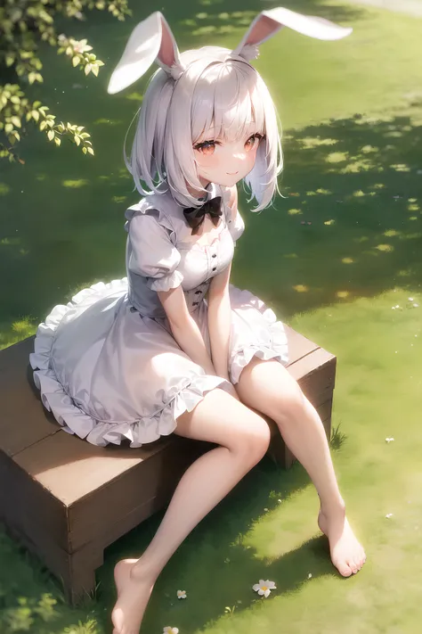 1girl, solo, animal ears, rabbit, barefoot, knees up, dress, sitting, rabbit ears, short sleeves, looking at viewer, grass, short hair, smile, white hair, puffy sleeves, outdoors, puffy short sleeves, bangs, on ground, full body, animal, white dress, sunlight, brown eyes, dappled sunlight, day, depth of field