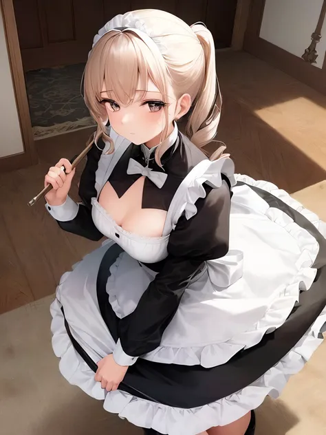A cute girl dressed in a maid outfit is serving her master alongside adult maids in a mansion. Together, they clean and maintain the mansion. The girl works diligently, sweeping and dusting alongside the other maids, making sure everything is in order for his master's comfort. Despite her youthful appearance, she takes her duties seriously and carries them out with precision and care. The other maids look upon her with a mix of admiration and fondness, proud of the hardworking young woman she has become.