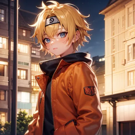 anime screencap, masterpiece, best quality, 1boy, blonde hair, afro, blue eyes, looking at viewer, closed mouth, blue headband, whisker, screencap, short hair, solo, Uzumaki Naruto, naruto \(series\)),  city, night, sky, trees, jacket, orange jacket,