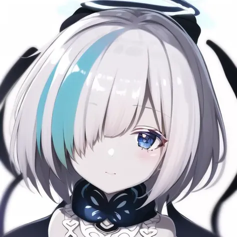 sticker,rough lines,1girl,cute,flying,bangs,blue eyes,dress,hair between eyes,hair ornament,halo,scarf,sidelocks,hairclip,white background,white hair,head portrait, anime,