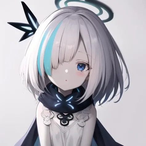 sticker,rough lines,1girl,cute,flying,bangs,blue eyes,dress,hair between eyes,hair ornament,halo,scarf,sidelocks,hairclip,white background,white hair,head portrait, anime,