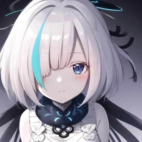 sticker,rough lines,1girl,cute,flying,bangs,blue eyes,dress,hair between eyes,hair ornament,halo,scarf,sidelocks,hairclip,white background,white hair,head portrait, anime,