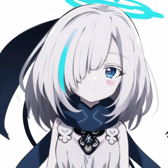 sticker,rough lines,1girl,cute,flying,bangs,blue eyes,dress,hair between eyes,hair ornament,halo,scarf,sidelocks,hairclip,white background,white hair,head portrait, anime,