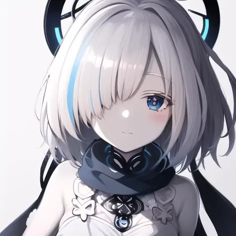 sticker,rough lines,1girl,cute,flying,bangs,blue eyes,dress,hair between eyes,hair ornament,halo,scarf,sidelocks,hairclip,white background,white hair,head portrait, anime,