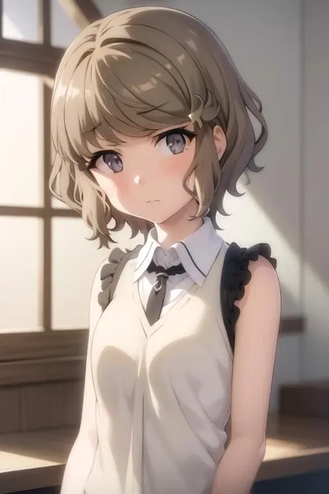 best quality, masterpiece, highres, solo, {koga_tomoe_seishunbutayarou:1.15}, brown_hair, short_hair, hair_ornament, hairclip, blue_eyes, bangs, grey_eyes, 1girl, shirt, sleeveless, upper_body, closed_mouth, blurry, blurry_background, frills, yellow_shirt, collared_shirt, blush, sleeveless_shirt, indoors