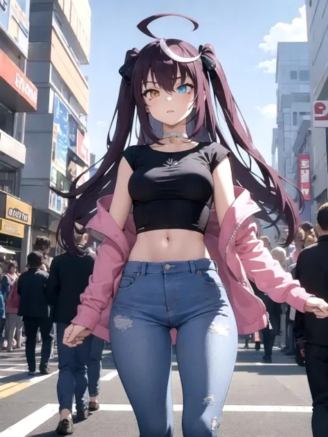 masterpiece, best quality, highres BREAK
dsluluca, purple hair, very long hair, two side up, ahoge, heterochromia, jacket, t-shirt, jeans, 1girl, solo BREAK
outdoors, standing, shopping mall, crowd, detailed background
 <lora:dsluluca:1>