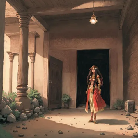 a woman standing in a temple <lora:Djinn_v2:0.95> amdjinnstyle