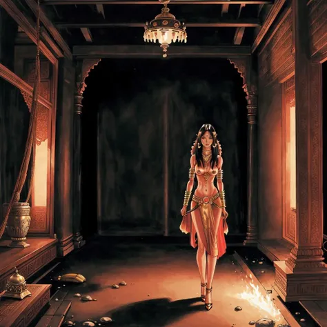 a woman standing in a temple <lora:Djinn_v2:0.95> amdjinnstyle