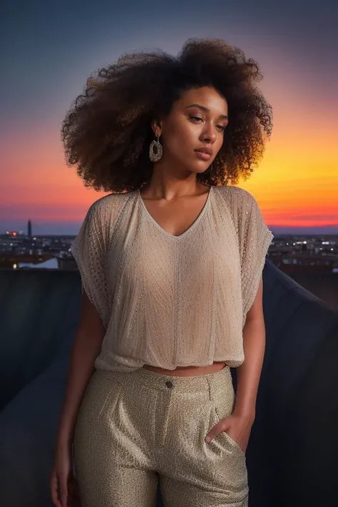 DEN_maryam_iman,
((cityscape:1.2) scene posing on the (rooftops:1.2) at (sunset:1.2) wearing clothes, wearing trousers and a top, (plain top:1.2), (top:1.2), (trousers:1.2), (cityscape:1.2), (night time sunset sky:1.3), (dark:1.1), (evening:1.2), vibrant sky colours:1.2),
bokeh, f1.4, 40mm, photorealistic, raw, 8k, textured skin, skin pores, intricate details <lora:epi_noiseoffset2:1>, epiCRealism <lora:ClothingAdjuster3:-1.3>