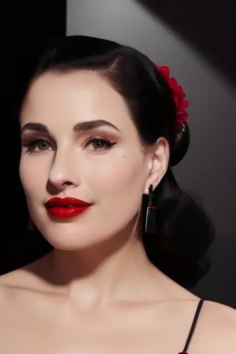 a portrait of <lora:DTVT-P:0.7> looking at the camera with a subtle smile, she is wearing red lipstick and black earrings and has bare shoulders, neutral black background chiaroscuro, dark room with dim side light <lora:epiNoiseoffset_v2:.7>
