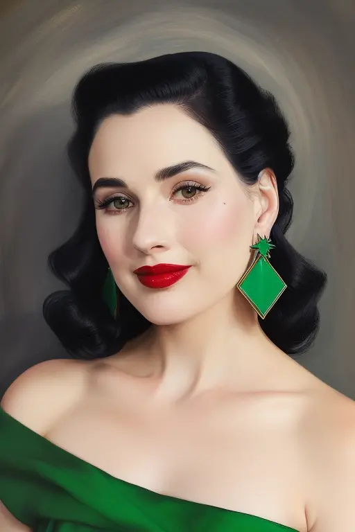 a portrait of <lora:DTVT-P:0.7> looking at the camera with a subtle smile, she is wearing red lipstick and green earrings and has bare shoulders, neutral charcoal background chiaroscuro, dim light <lora:epiNoiseoffset_v2:.7>