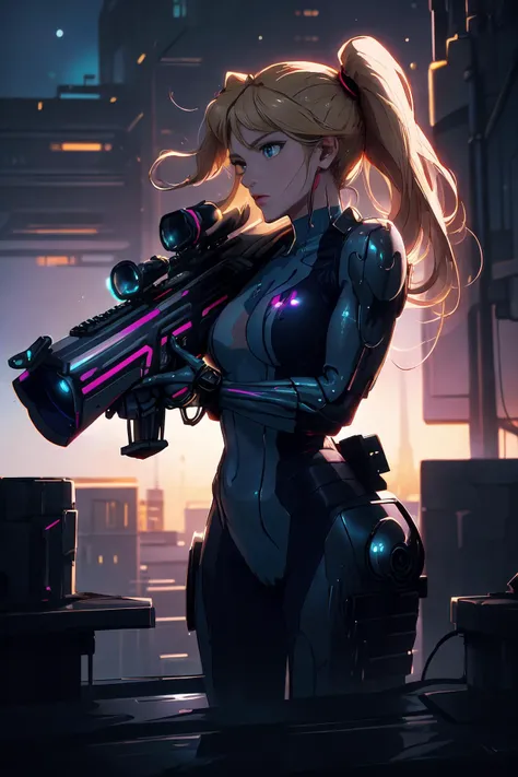 90s anime cinema style, photographic lighting with heavy shadows,
sexy samus aran as a futuristic cyberpunk soldier, with a blonde ponytail, wearing a tight bodysuit with (armor:1.1), on a roof, (aiming with a black sniper rifle:1.1)
detailed face, blue eyes, focused expression, wind in hair
background is a cybertech (city at night:1.1), neon lights
sideview, cowboy shot, depth of field, face focus, blur, bloom, camera lens effects,
<lora:samus-nvwls-v1-final:0.6> <lora:CyberPunkAI:0.7> <lora:EnvyElf01:0.3> <lora:s_20230805204449:0.6>