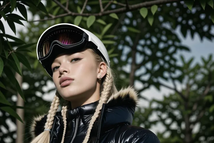 (medium shot:1.5) (slightly above:1.5) embedding:Campus\TrualityCampus_Melody is a beautiful girl with long platinum blonde hair wearing chr0m3sn0w,bluesnow suit, hood down, goggles on head, helmet, at a ski slope, Bright And Sunny Lighting, Dappled Sunlight Through Leaves Lighting, 16K, Accurate, Anatomically Correct, Award Winning, Best Quality, Highres, Masterpiece, Super Detail, Textured Skin, Hyperrealism Style, Photography Style, Photorealism Style, HyperMaximalist Style <lora:Fashion\chr0m3sn0w:1.0>
