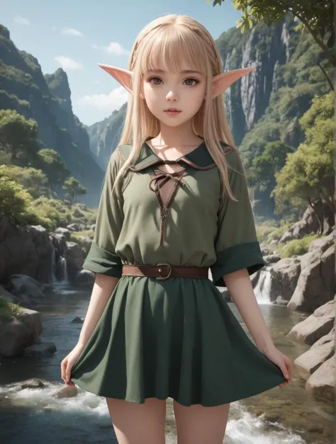 8k, RAW,1girl, outdoors,elf,fantasy,blonde hair,blonde eyelashes,women,(elf ears:1.2),flat chest,elf costume,shirt,skirt,cowboy shot,best quality