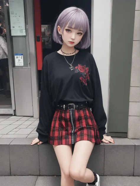8k, RAW,natural skin,detailed skin,japanese girl,solo,smile, (red eyes:1.2), short hair, straight hair, (purple hair:1.2), jirai fashion,eye shadow, mouth piercing,emo girl, metal, gothic, Emo Girl Clothes, black shirt, babymetal, pank skirt, platform sneakers, armlet, many earrings, earrings, lip piercing, gothic, in the tokyo, harajuku street,best quality,masterpiece