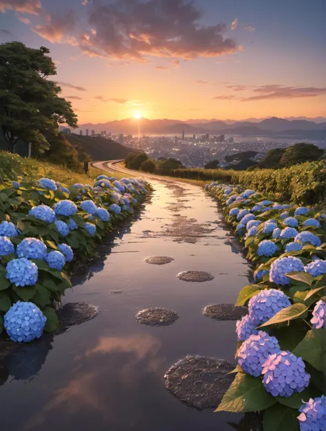 8k, RAW,natural skin,detailed skin,japanese girl,dynamic angle,bokeh, cityscape,dusk, gradient sky,horizon,(mountainous horizon:1.1),orange sky, sunlight, sunrise, sunset,Sunset reflected in a puddle,(in the country road:1.2),puddle, after rain,Along the roadside, numerous hydrangea flowers are in full bloom,best quality,masterpiece,